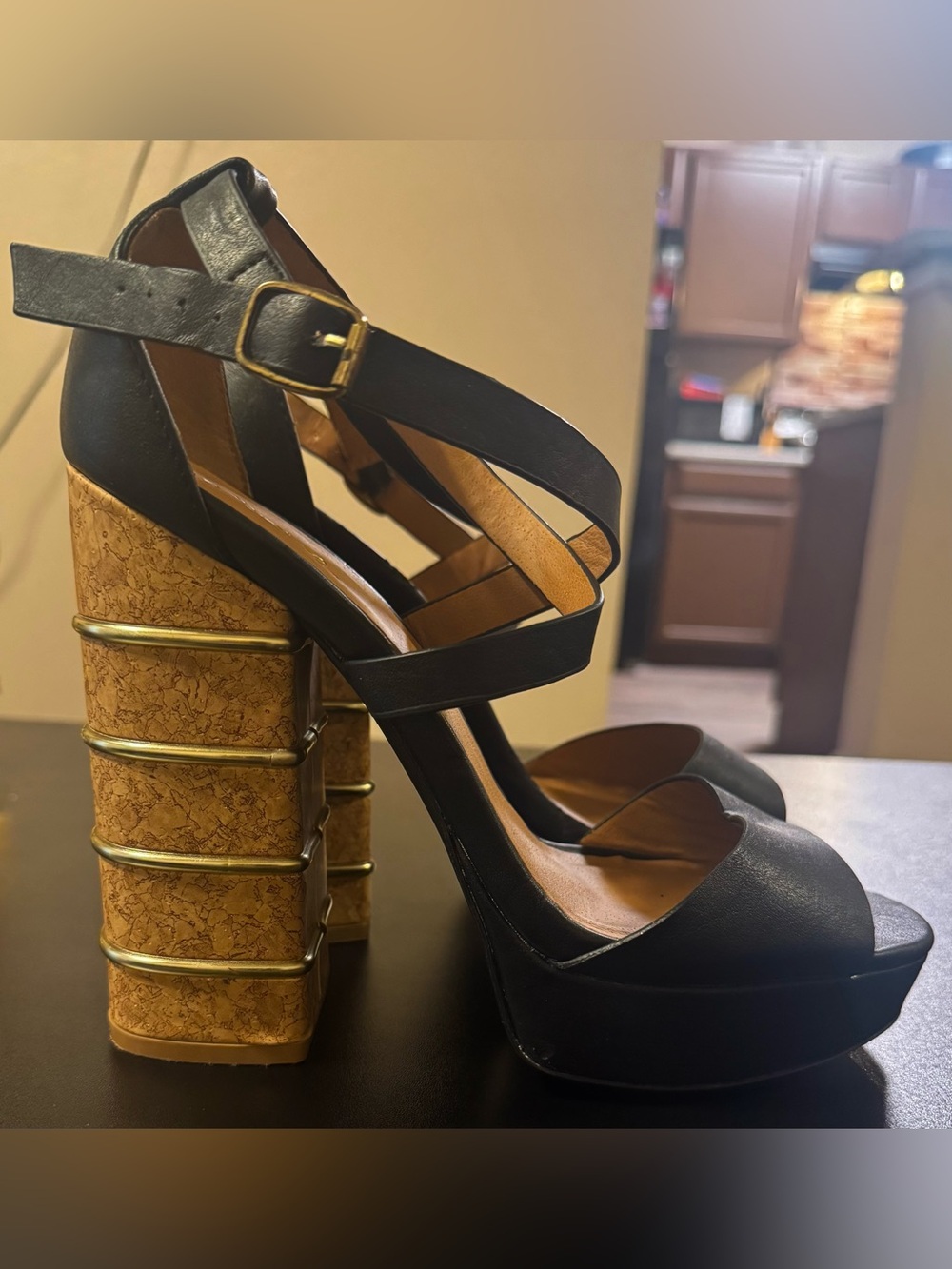 Qupid Black Platform Sandals with Cork Block Heel and Gold Accents